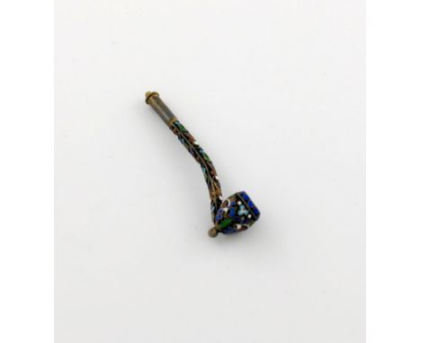 λ A Russian silver-gilt and enamel pipe, marked 84, with vari-coloured enamelled decoration on a matted surface, ivory mouth-