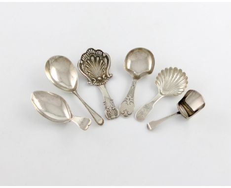 A collection of six antique silver caddy spoons, comprising: one by Robert Hennell, London 1829, shaped shell bowl, fluted de