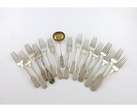 A collection of Russian silver Fiddle pattern flatware, various dates and makers, the terminals with an anchor and inscriptio