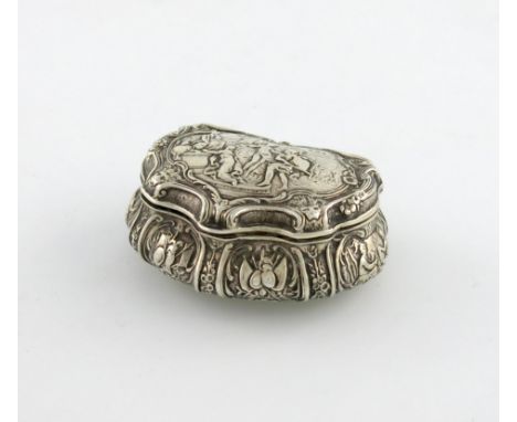 A late 19th century German silver snuff box, with Import marks for London 1894, importer's mark of Edwin Bryant, shaped carto