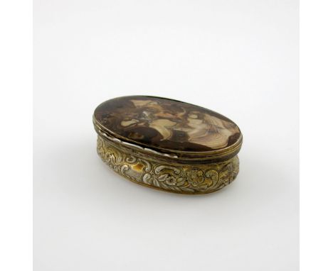 A George III silver-gilt mounted agate snuff box, probably by John Reily, London 1817, oval form, chased foliate and scroll d