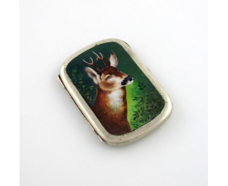 A German silver and enamel cigarette case, rounded rectangular form, the cover with a stag head, engraved with a monogram, le