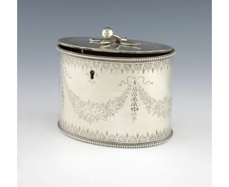 A Victorian silver tea caddy, by William Stocker, London 1859, oval form, engraved with ribbon tied swags and foliate decorat