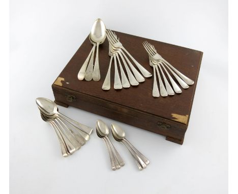 A mixed lot of antique silver Old English pattern flatware, comprising: a set of six dessert spoons, London 1810, six various