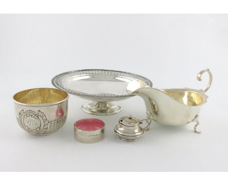 A mixed lot of silver items, various dates and makers, comprising: a tazza, by Barker Brothers Ltd, Birmingham 1934, circular