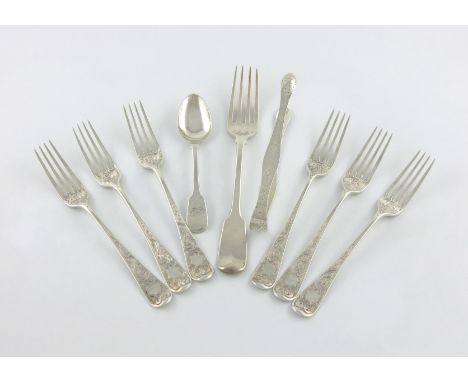 A mixed lot of silver flatware, various dates and makers, comprising: a George III Fiddle pattern table fork, by Paul Storr, 