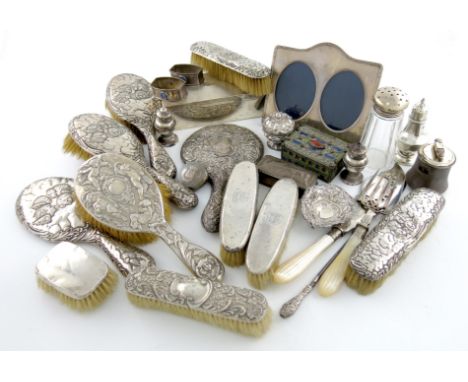 A mixed lot of silver items, various dates and makers, comprising: a cigarette box, of rectangular form, engine-turned decora