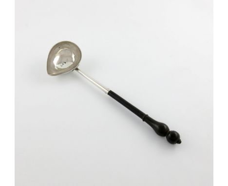 A George II silver punch ladle, maker's mark partially worn, R?, London 1749, oval bowl, wooden baluster handle, the reverse 