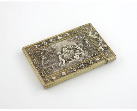 A Victorian parcel-gilt electroplated card case, by Elkington and Co, rectangular form, embossed with a scene of putti playin