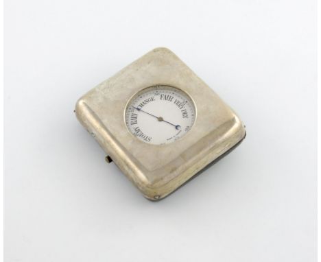 A Victorian silver cased barometer, the case by William Comyns, London 1898, plain rectangular form, hinged front with an ele