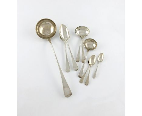 A mixed lot of Old English pattern flatware, various dates and makers, comprising: a soup ladle, over-stamped with maker's ma