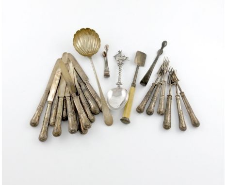 λ A mixed lot of silver flatware, various dates and makers, comprising: a small George III soup ladle, possibly London 1771, 