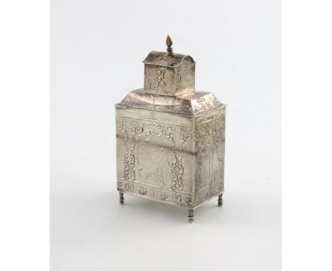 A Dutch silver tea caddy, 1903, rectangular form, embossed with figural scenes, pull-off cover, on four tapering legs, height