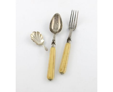 λ A 19th century French silver campaign folding fork and spoon, maker's mark of B.F, tapering carved ivory handles, the handl