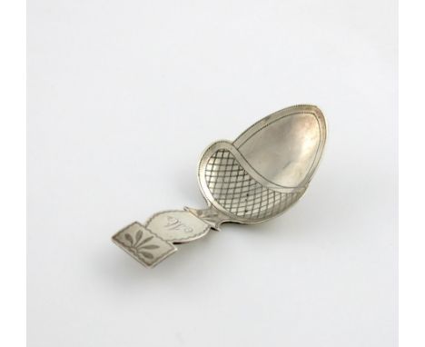 A George III silver caddy spoon, by Elizabeth Morley, London 1810, acorn bowl, engraved decoration, the terminal initialled, 