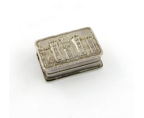 A modern silver 'castle-top' snuff box, Windsor Castle, by S. J. Rose and Son, Birmingham 1976, rectangular form, the hinged 