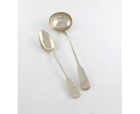 A George IV  silver Fiddle pattern soup ladle, by William Bateman, London 1828, oval bowl, plus a George IV silver Fiddle pat