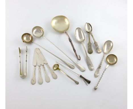 A mixed lot of foreign silver flatware, comprising: a French serving spoon, an 18th century French tablespoon, two French lad