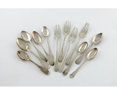 A mixed lot of silver flatware, comprising: four Maltese dessert forks, 1800-1809, repaired, a Maltese teaspoon, a teaspoon b