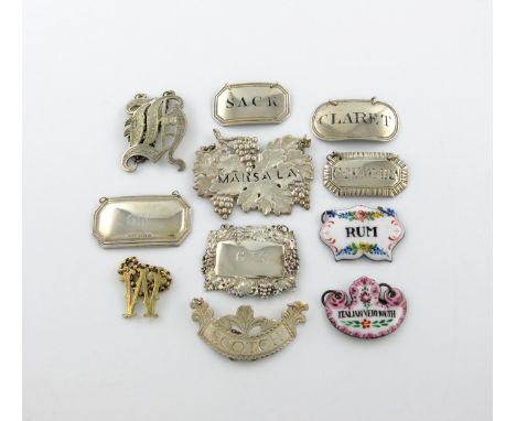 A small collection of wine labels, comprising silver examples: a Victorian label by Taylor and Perry, Birmingham 1840, rectan