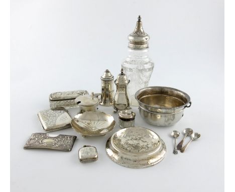 A mixed lot of silver items, various dates and makers, comprising: a sovereign case, of square form, a circular bowl, a silve