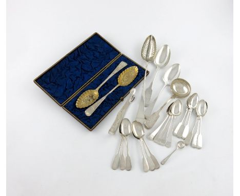 A collection of silver Exeter flatware, various dates and makers, comprising: a George III Old English pattern straining spoo