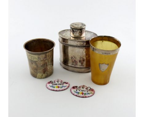 A mixed lot, comprising: a 19th century French silver beaker, maker's mark of PF in a lozenge, tapering circular form, inscri