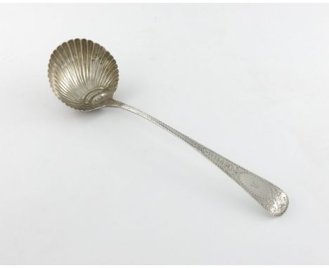 A George III silver Bright-cut soup ladle, by Sarah and John Blake, London 1816, the terminal with an initial, shell shaped b