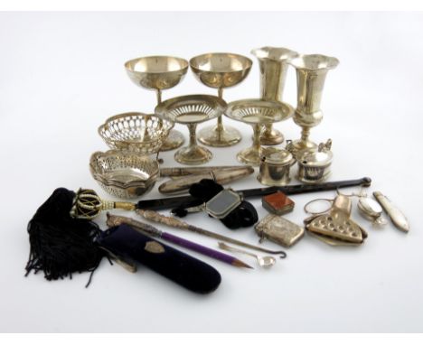 A mixed lot of silver items, various dates and makers, comprising: a pair of Scottish champagne goblets, Glasgow 1918, a Japa