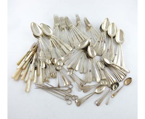 A mixed lot of silver flatware, various dates and makers, comprising; Old English pattern: twelve tablespoons, five by George