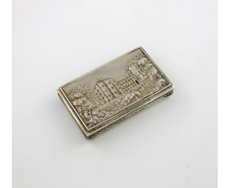 A Victorian silver 'castle-top' snuff box, Kenilworth Castle, by Nathaniel Mills, Birmingham 1837, rectangular form, the hing