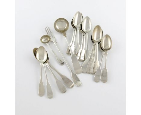A collection of Fiddle pattern flatware, various dates and makers, comprising: a Scottish toddy ladle, Glasgow 1833, a pickle