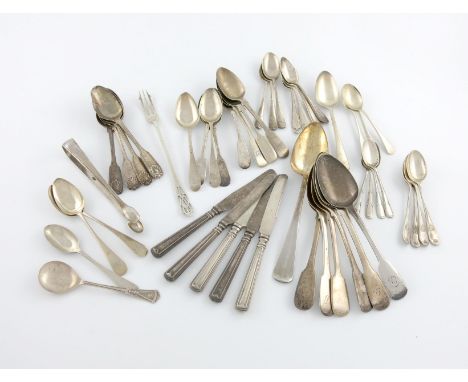 A mixed lot of silver flatware, various dates and makers, comprising: six Fiddle pattern dessert spoons, four Fiddle, Thread 