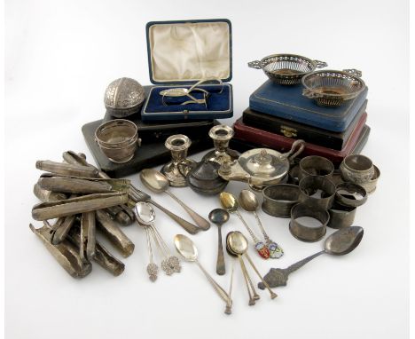 A mixed lot of silver items, various dates and makers, comprising: a table cigar lighter modelled as an oil lamp, Chester 191