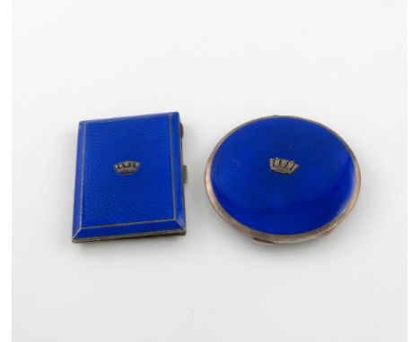 A silver and enamel cigarette case and compact, by Gloster Limited, Birmingham 1932 and 1933, rectangular and circular form, 