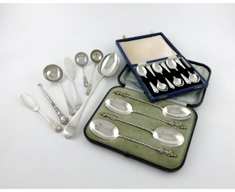 A mixed lot of silver flatware, various dates and makers, comprising: a cased set of four fruit serving spoons, by Frederick 