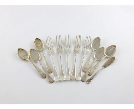 A mixed lot of silver flatware, comprising: a set of six Feather-edge pattern ice cream spades, London 1910, a set of five Ol