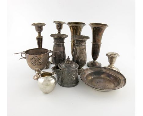A mixed lot of silver items, various dates and makers, comprising: a Victorian claret jug mount, by George Elkington, London 