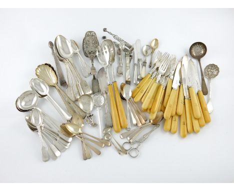 λ A quantity of silver and electroplated flatware, various makers and dates, comprising: a set of twelve Victorian fish knive