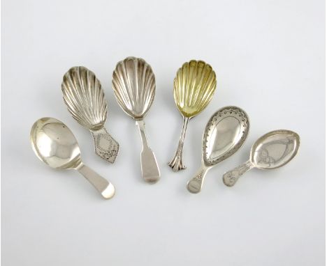 A collection of six antique silver caddy spoons, comprising: a Victorian Onslow pattern caddy spoon, by the Messrs. Lias, Lon