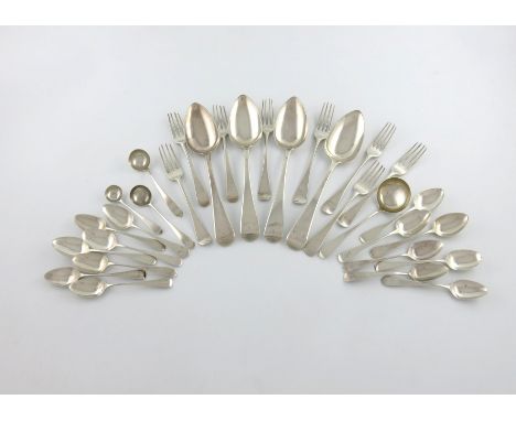 A collection of silver Old English pattern flatware, various dates and makers, comprising: eight dessert forks, four tablespo