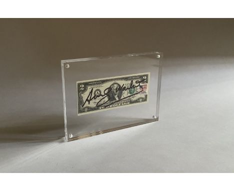Andy WARHOL (1928-1987)"Two dollars bill",1976Billet de 2 dollars américain 1976, n°A07875009A, signé au marqueur noir.Encadr