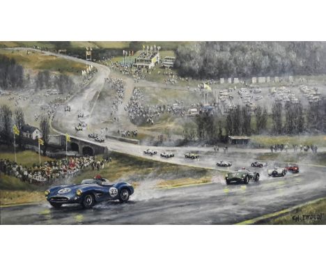 Charles DROUOT (1955-)Circuit automobile de Francorchamps Huile sur panneau signée en bas à droite19 x 33 cm