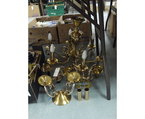 Three pairs of brass wall lights; and a six-branch ceiling light.