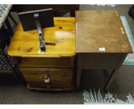 A sewing box with hinged cover; a wall bracket; and a modern polished pine bedside cabinet.
