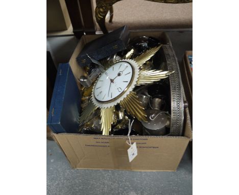 A box of silver plated ware, including: gold plated cutlery; an oval gallery tray; wall clock; and a miner's safety lamp.