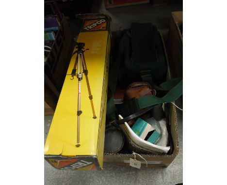 A box of cameras; a pair of binoculars; and a tripod; etc.