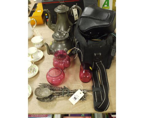 A pewter coffee and teapot; together with a collection of silver plated forks and spoons; together with a Minolta camera and 