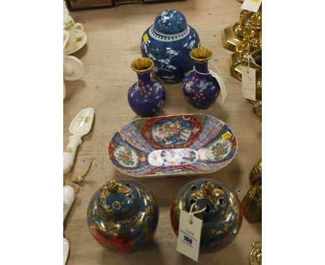 A pair of Noritake lidded vases; a pair of cloisonne vases; a ginger jar; and an Imari dish.