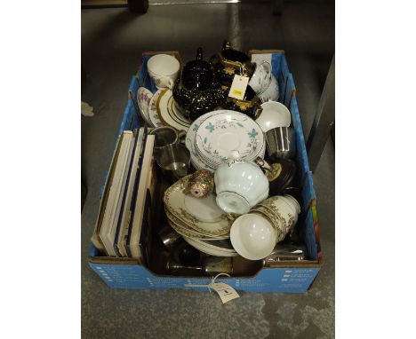 A box of sundry china, including: a three-piece black pottery Victorian tea service.